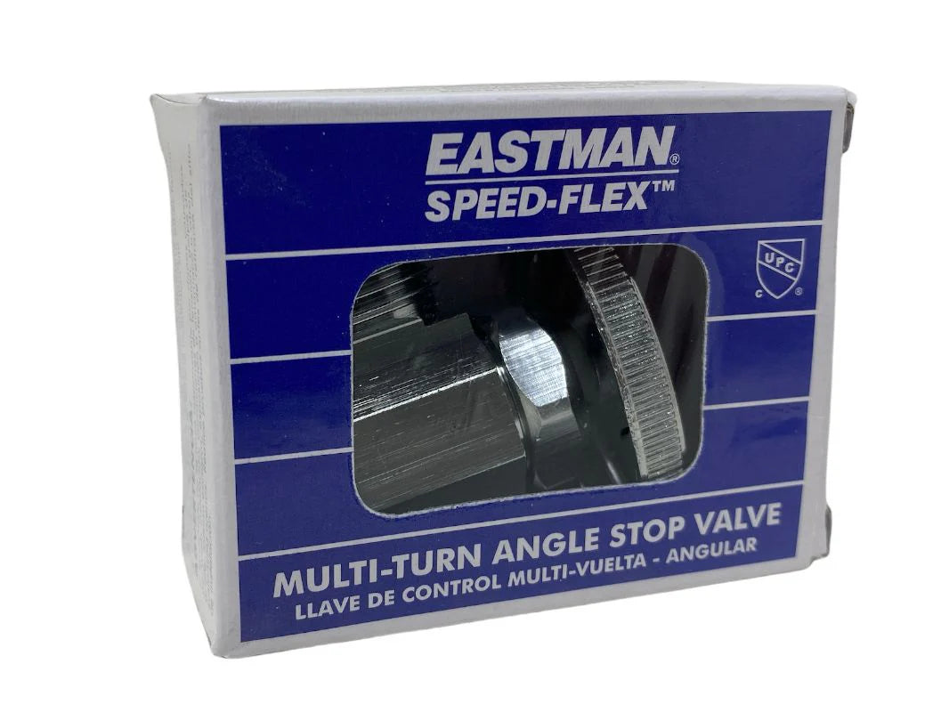 Eastman Dual Angle Valve 1/2x1/2x1/2 Inch. Continuous Turn Angle Valve. Chrome Plated Brass Shut Off Valve for Faucet or Toilet Installation. Suitable for Using in Hydronic Heating As Well As In Potable Water. EZF109 Eastman Dual Angle Valve 1/2x1/2x1/2 Inch. Continuous Turn Angle Valve. Chrome Plated Brass Shut Off Valve for Faucet or Toilet Installation. Suitable for Using in Hydronic Heating As Well As In Potable Water. EZF109
